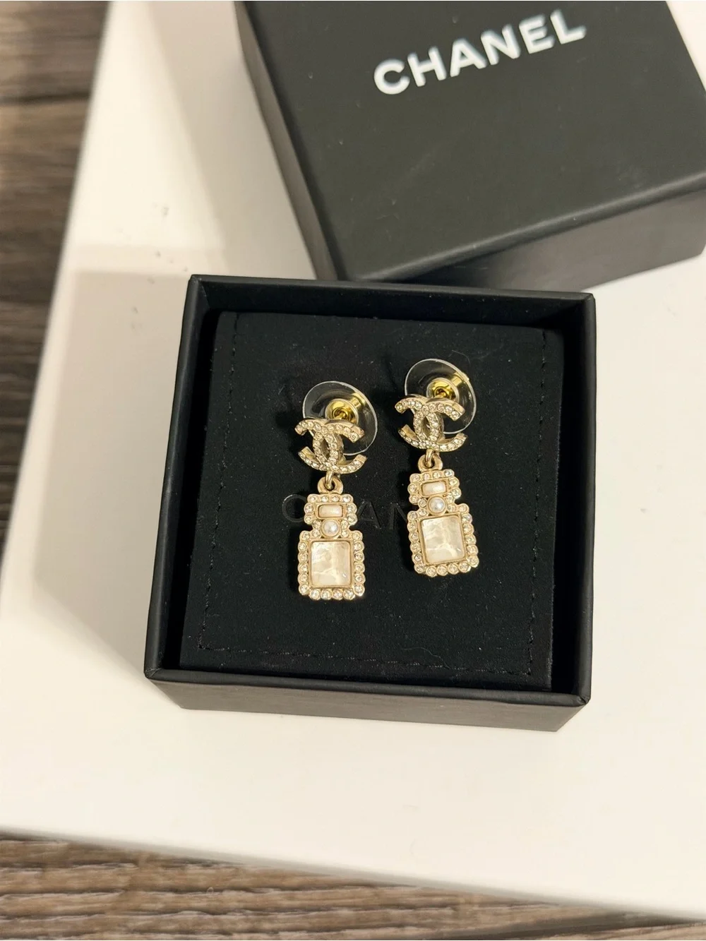 CHANEL Crystal CC Perfume Motif Dangle Earrings